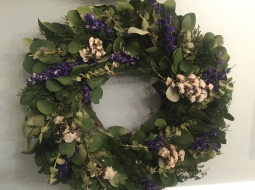 Fresh eucalyptus wreath with white & blue florals-4370